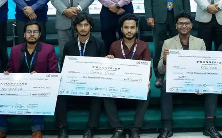 Cortex Crew holding the 1st Runners-up cheque at the IEEE ICADHI 2026 closing and award ceremony